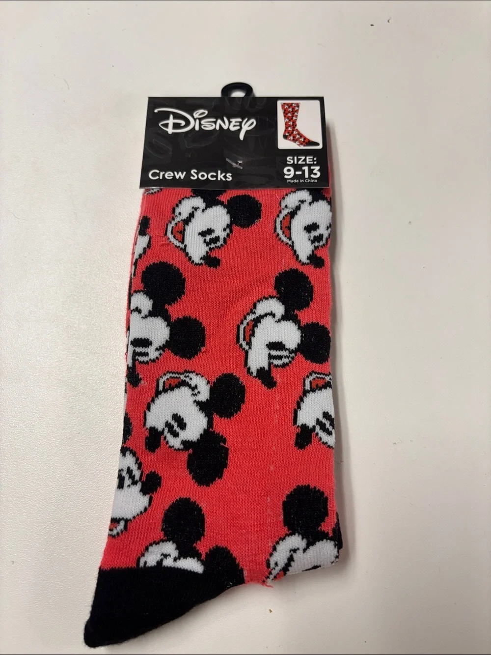 Disney Men’s Red Mickey Mouse Pattern Crew Socks with Black Accents